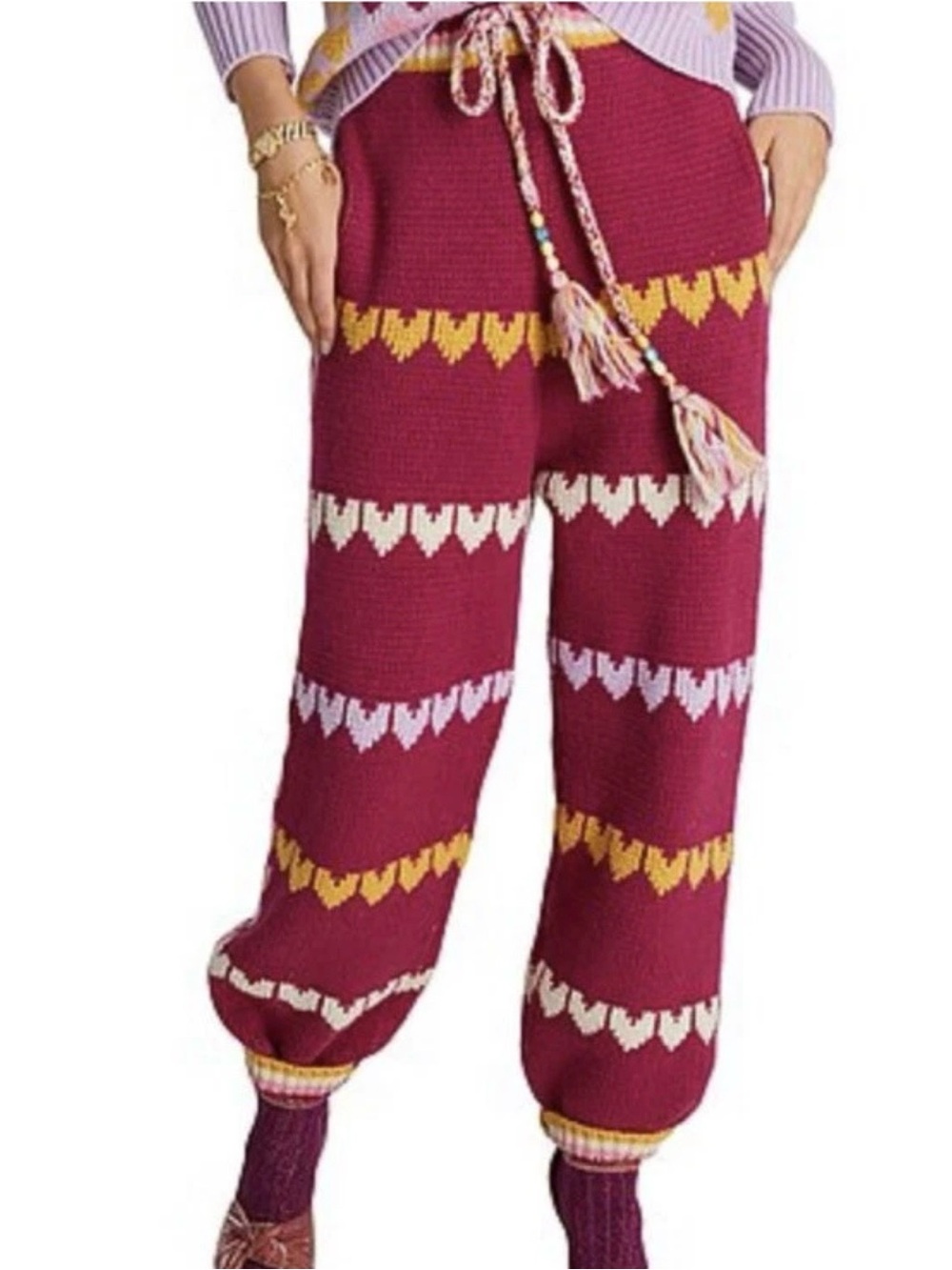 Love Shack Fancy Knit Heart-Striped Maroon Lounge Pants
